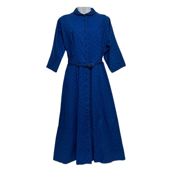 Vintage Lanz Blue Ditsy Floral Button-Down Dress S Scalloped Mary Poppins Style - Picture 6 of 16